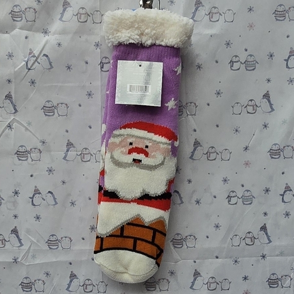 Santa Claus Coming Down A Chimney. Sherpa Lined Socks - Picture 3 of 5